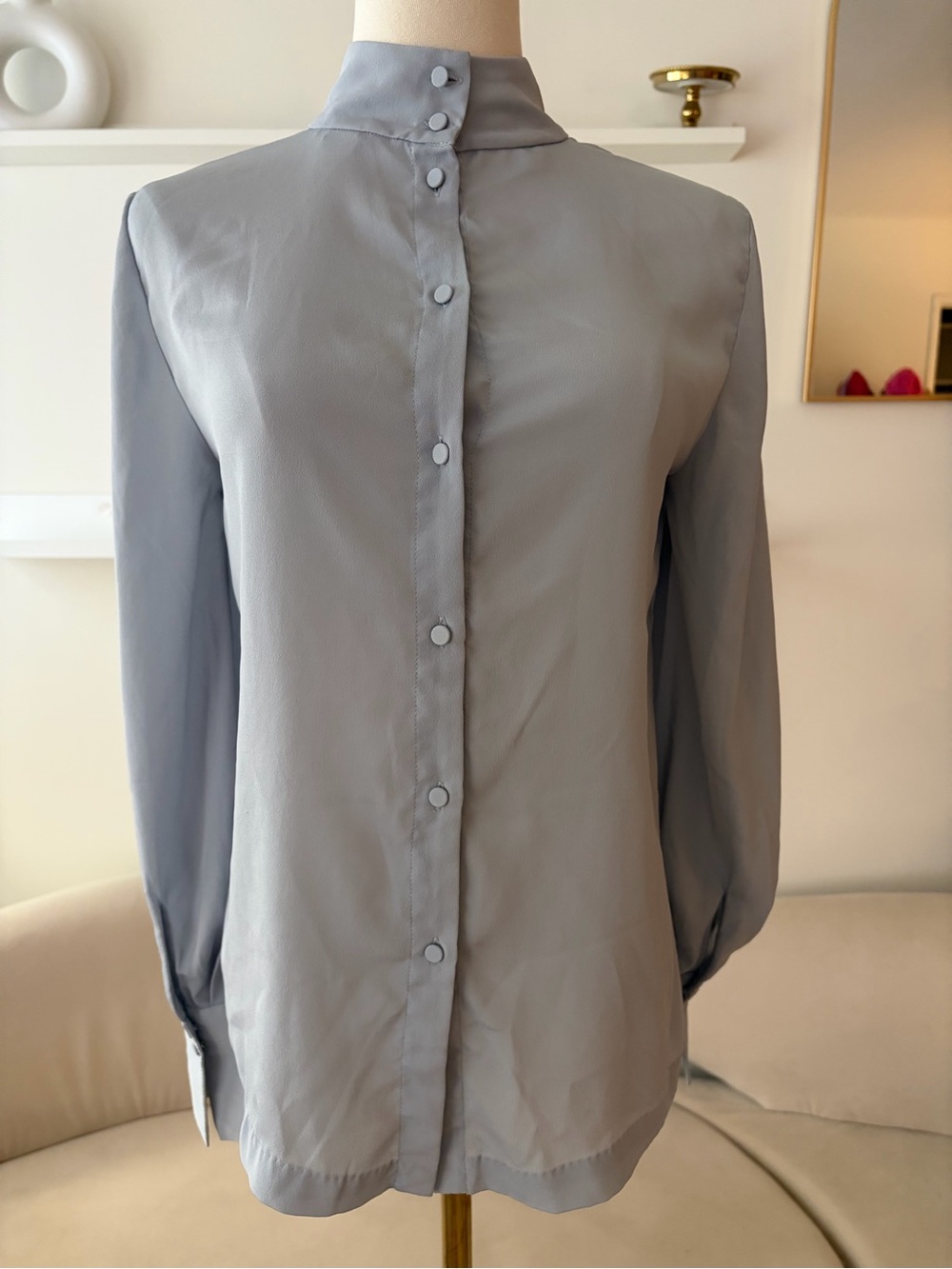 H&M Light Blue High-Neck Back-Button Blouse